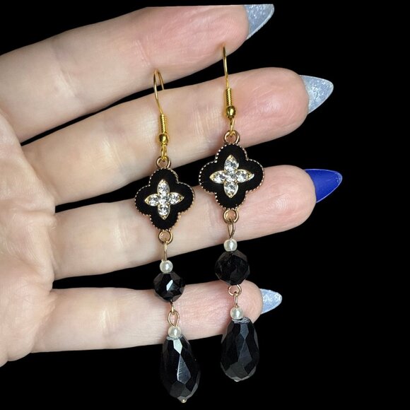 Earrings Dangle Black Obsidian Clover CZ gemstone Jewelry Event Gift New - Picture 2 of 8